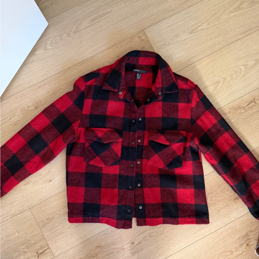 Mango Red and Black Checkered Shirt Jacket
